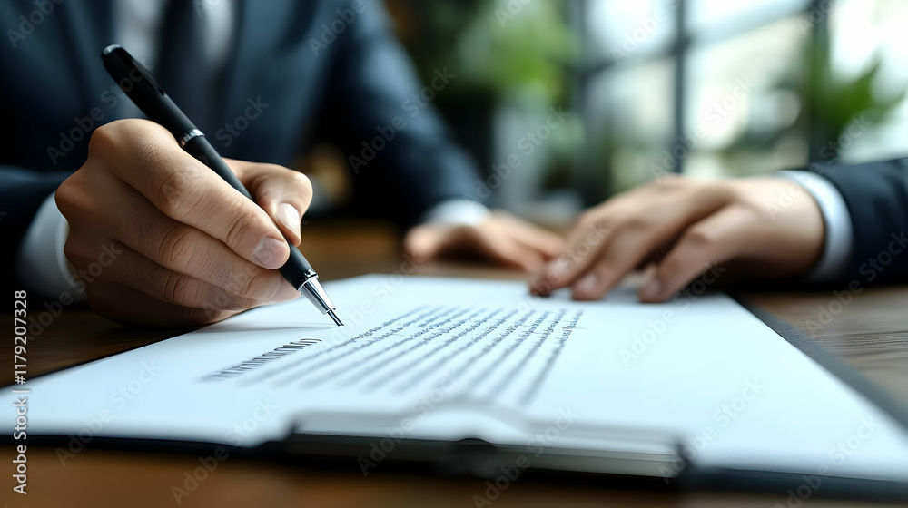 Businessman Signs a Contract with a Pen on Document Carefully and Thoroughly in Office Businessman Signs a Contract with a Pen on Document Carefully and Thoroughly in Office