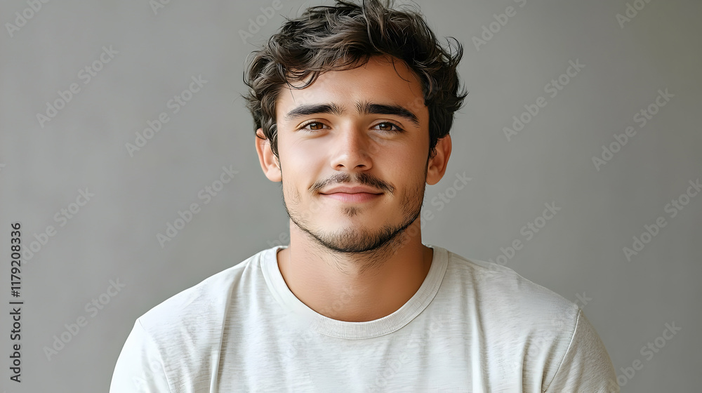 Portrait of a Young Man with Wavy Hair and a Light Mustache Smiles Serenely