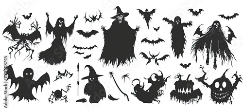 Halloween vector elements, a collection of black silhouettes on a white background. Vector graphics for design and illustration. Spooky, high-detail character illustrations photo