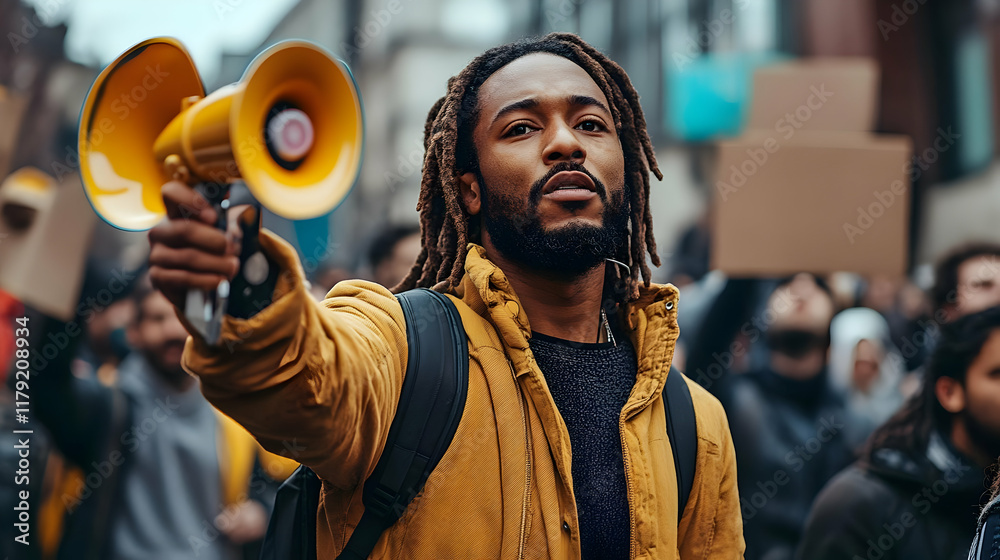 Man Holds Megaphone Addresses Crowd at Demonstration Rally in Urban Setting Man Holds Megaphone Addresses Crowd at Demonstration Rally in Urban Setting