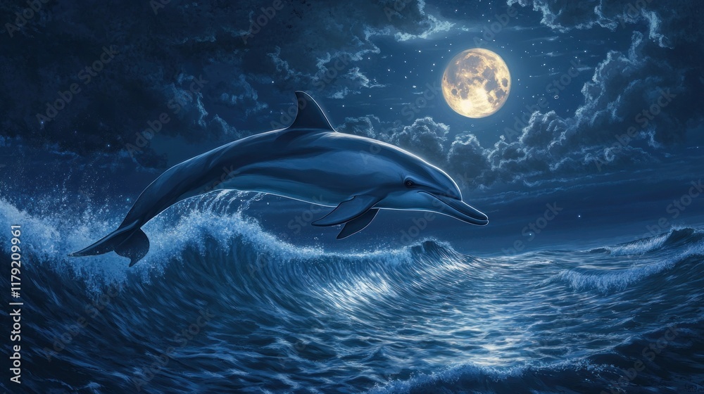Naklejka premium Dolphin leaping over waves at night under a full moon.