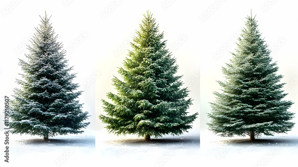 Three Snow-Dusted Evergreen Trees Stand Tall Against a Pristine White Backdrop of Winter Serenity