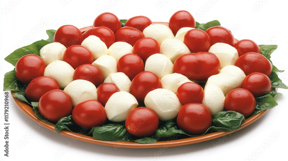 Fresh Cherry Tomatoes and Mozzarella Balls Arranged on Rustic Platter, Classic Italian Appetizer Fresh Cherry Tomatoes and Mozzarella Balls Arranged on Rustic Platter, Classic Italian Appetizer