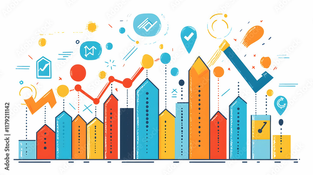 Colorful Bar Graph Illustration Shows Growth and Progress with Checkmarks and Icons Colorful Bar Graph Illustration Shows Growth and Progress with Checkmarks and Icons