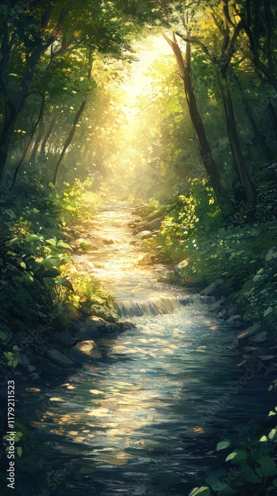 Obraz premium Sunlit Stream in a Lush Forest