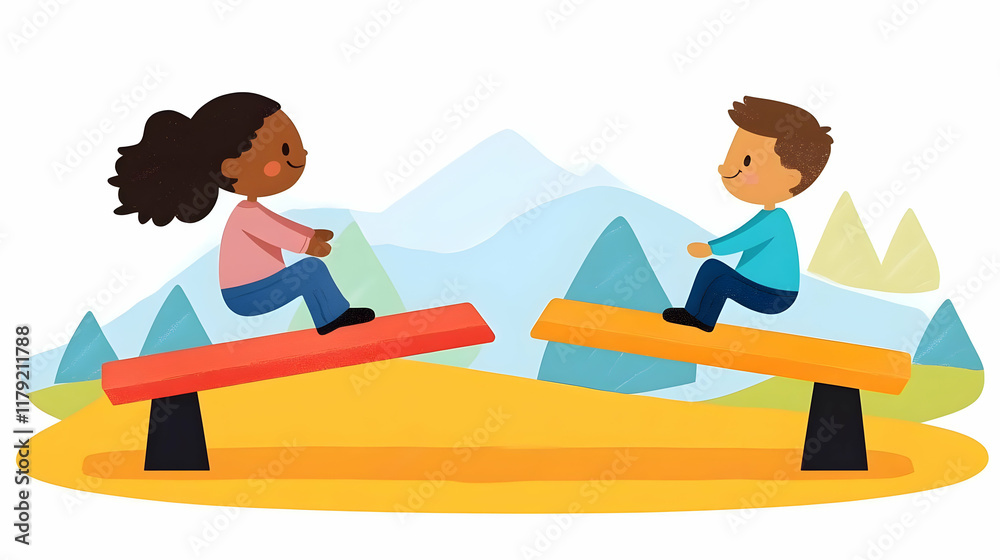 Two Happy Children Playing on a Seesaw in a Colorful Park Illustration Two Happy Children Playing on a Seesaw in a Colorful Park Illustration