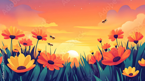 Blooming Flowers with Bees Flying at Sunset Over a Field of Grass