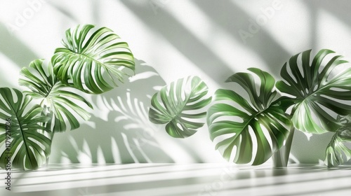 Lush monstera leaves cast shadows on a white background.