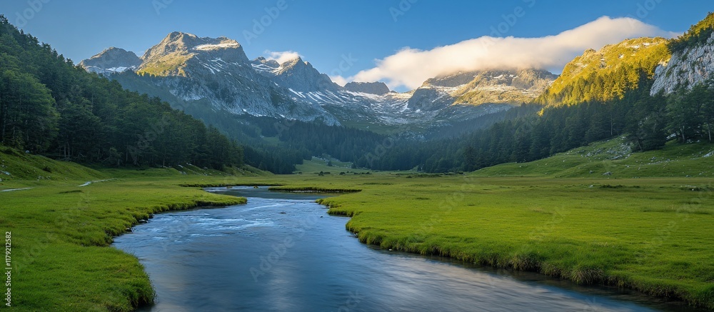Fototapeta premium Serene Mountain River Landscape: A Breathtaking View of Pristine Nature