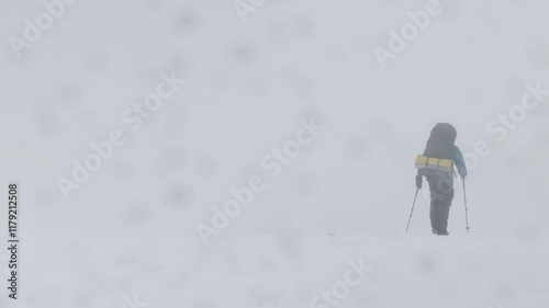 A mountain hiker makes their way through a thick snowstorm in a barren, snowy landscape. The whiteout conditions make visibility extremely low, showcasing the challenges of winter sports.