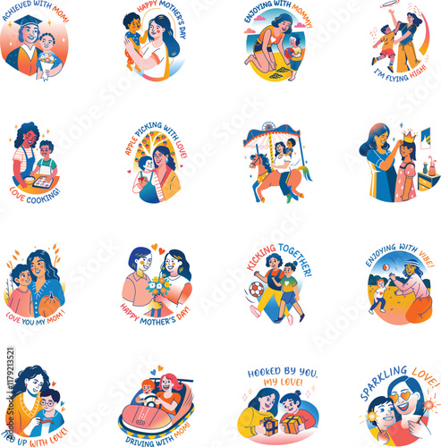 Set of Flat Style Mom and Child Stickers 

