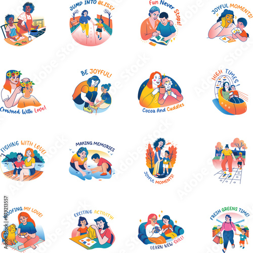 Set of Flat Style Mother Day Wishes Stickers

