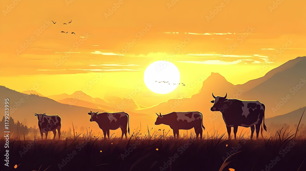 Four Cows Grazing Peacefully in a Field at Sunset with Birds Flying Overhead and Mountains in the Background