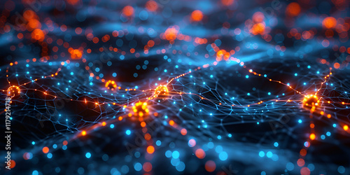Abstract Glowing Network with Interconnected Blue and Orange Nodes in a Futuristic Design  
