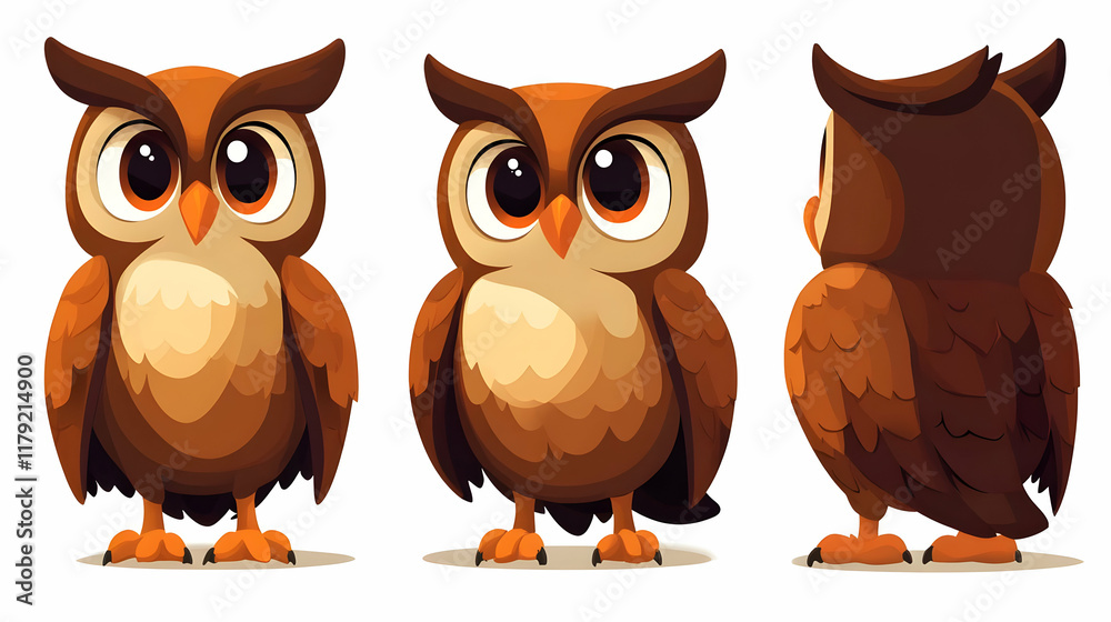 Three Cute Owls Standing in Different Poses Showcasing Their Feathers and Talons Clearly on White Background Three Cute Owls Standing in Different Poses Showcasing Their Feathers and Talons Clearly on White Background