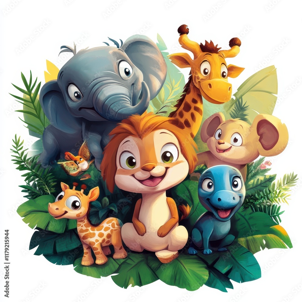 Naklejka premium Adorable Cartoon Animals Gather In Lush Tropical Foliage