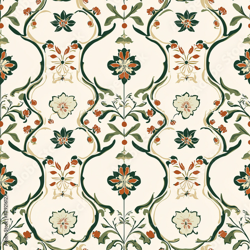 Mughal seamless pattern design featuring persian floral motifs for islamic art perfect for muslim cultural spaces vibrant color palette photo