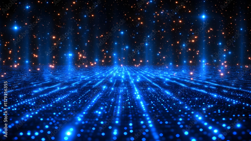 Obraz premium Abstract Blue Background Creates Stunning Visual with Glowing Particles and Light Rays Beautifully.