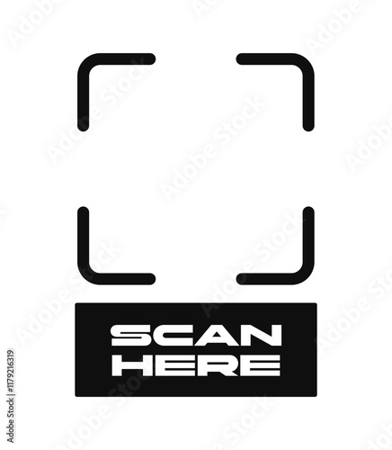 Minimalist black vector icon with scanning brackets and Scan Here text. Clean white background. Technology, QR code scanning, digital interface concept. Vector illustration.