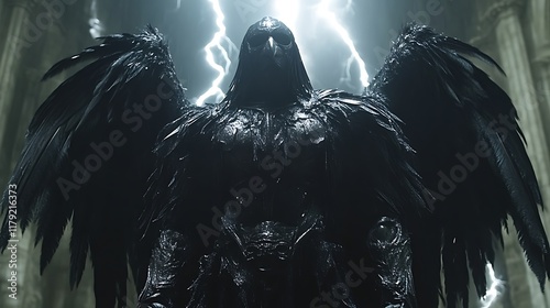 Dark winged figure in hooded armor, lightning storm background. photo