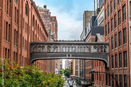 Photography A view towards a walkway between buildings from the High Line walkway in Manhatt