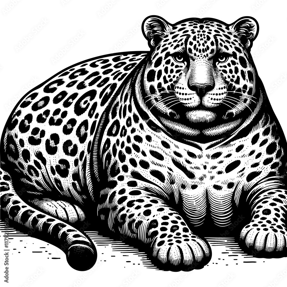 Fototapeta premium chubby fat leopard with bold spots, combining humor and retro artistic style sketch engraving generative ai PNG illustration. Scratch board imitation. Black and white image.