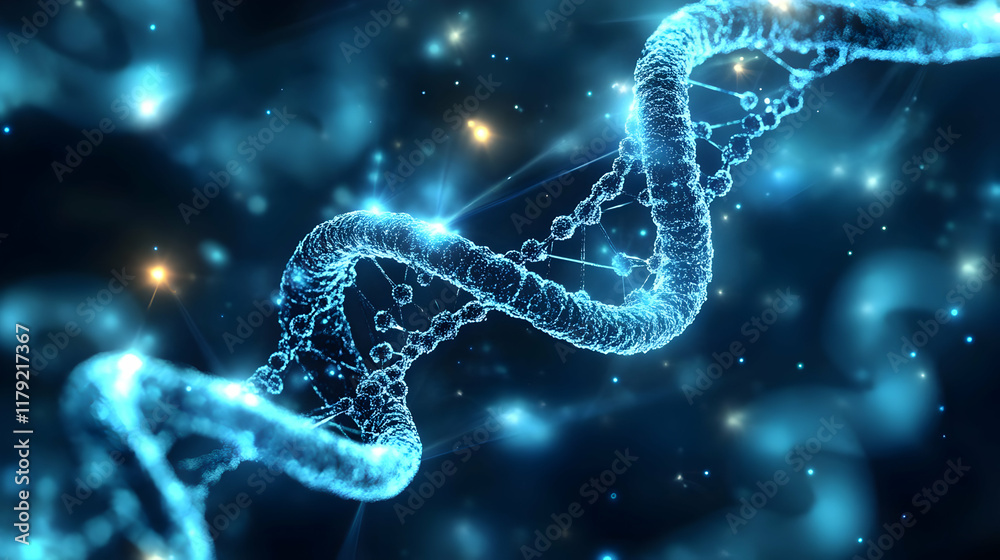 Glowing Blue DNA Double Helix Structure Rotates in a Dark Microscopic Environment Glowing Blue DNA Double Helix Structure Rotates in a Dark Microscopic Environment