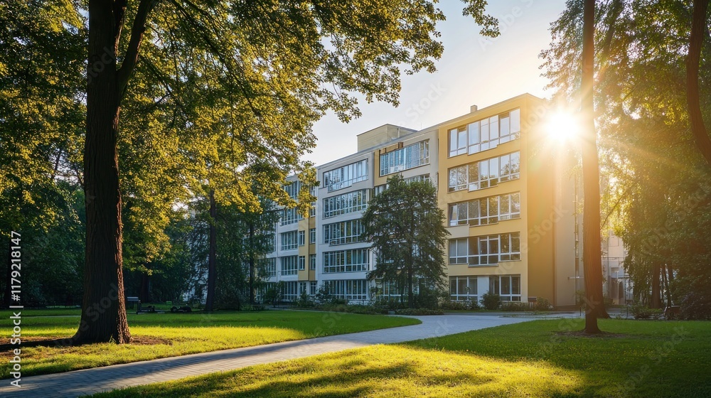 Modern apartment building in a park with sunlight streaming through trees. Modern apartment building in a park with sunlight streaming through trees.