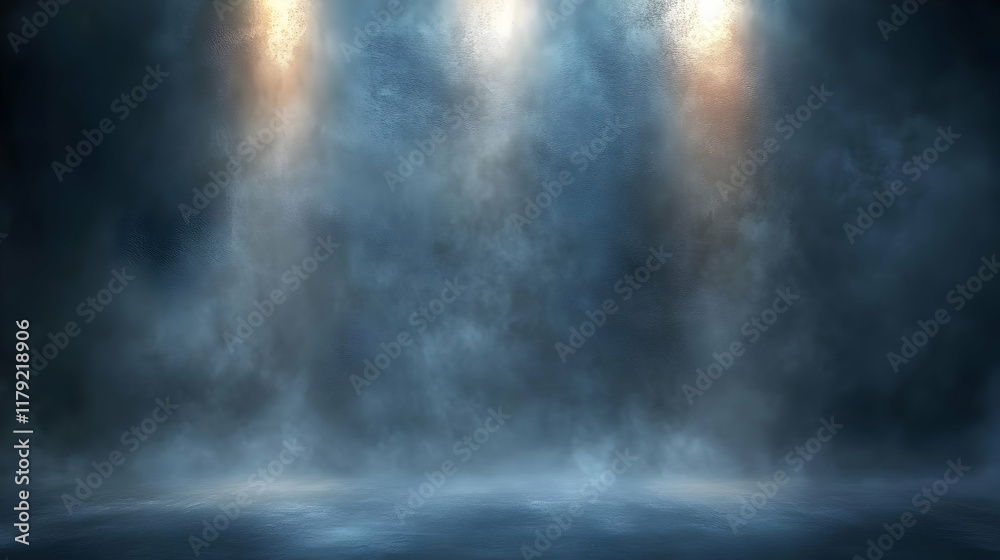 Dark Empty Room with Three Spotlights and Foggy Atmosphere Background Illustration Dark Empty Room with Three Spotlights and Foggy Atmosphere Background Illustration