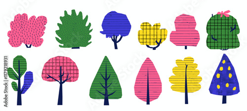 Naive collage of tree elements. Childish paper cutout with playful textures and doodle details. Cute green vector illustration.