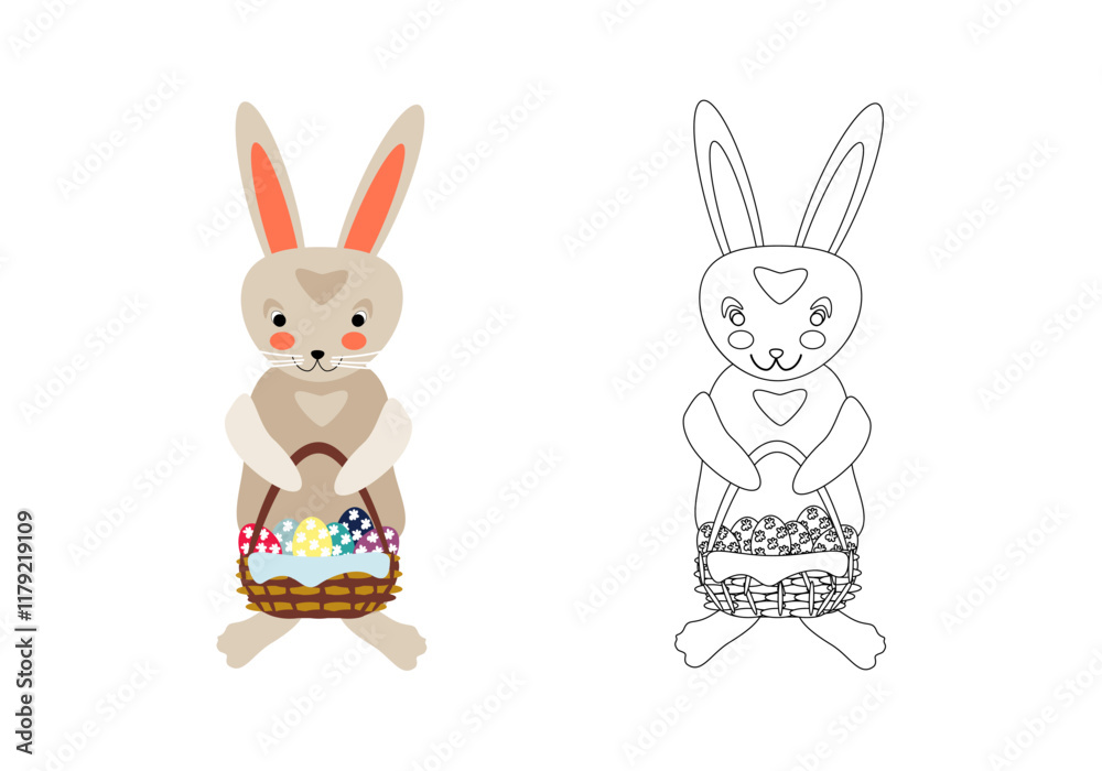 Cartoon bunny standing with basket of Easter eggs. Vector illustration for children's coloring pages, outline and example in color Cartoon bunny standing with basket of Easter eggs. Vector illustration for children's coloring pages, outline and example in color