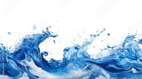 A combination of blue and white paint splashes depicting an abstract ocean wave isolated on a transparent background, PNG photo