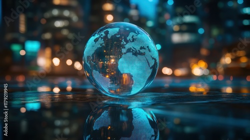Glass globe reflecting city lights at night.
