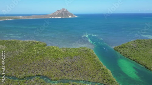 Aerial view of the vast mangroves near Montecristi in the Monte Cristi province on the north coast of the Dominican Republic with limestone mountain El Morro in the background photo