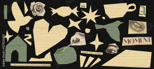 Ripped paper collage with childish cutout elements and naive texture. Vector background torn magazine pieces, birds, ceramic cup, vase, heart, and stars. Abstract design with sparkle, house, candy.