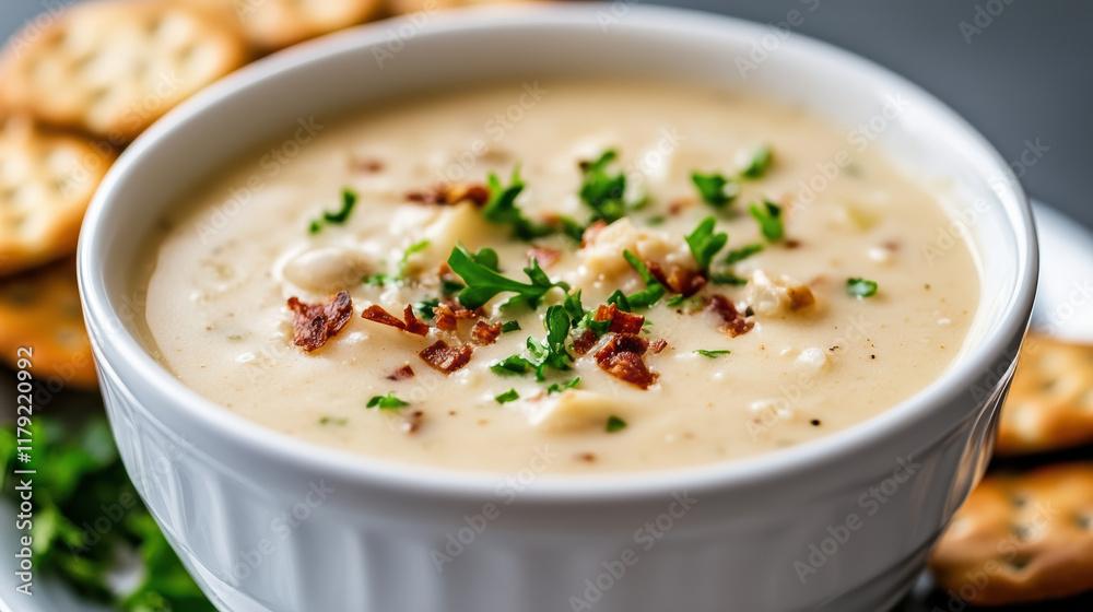 Creamy clam chowder served in bowl, garnished with bacon and herbs Creamy clam chowder served in bowl, garnished with bacon and herbs