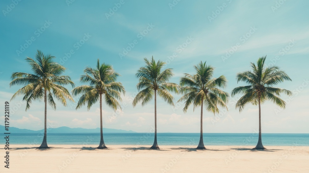 Five palm trees on a pristine beach under a clear blue sky. Five palm trees on a pristine beach under a clear blue sky.