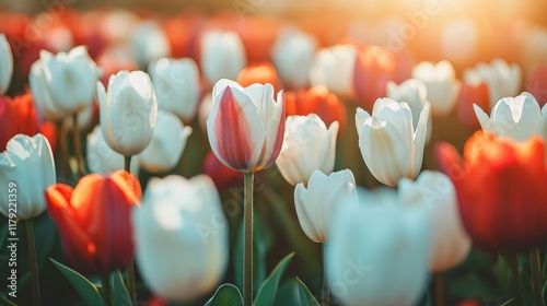 Sunlit Tulip Field: A Symphony of White and Red