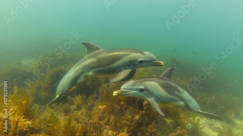 Two dolphins swimming amidst underwater kelp forest.