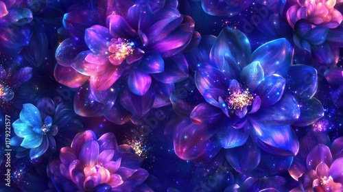 A vibrant seamless pattern featuring radiant purple and blue flowers with sparkling abstract details