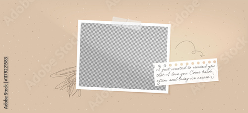 Frame photo template mockup with vintage tape and sticker. Square Polaroid design on white background, featuring a torn paper note and scratch collage.