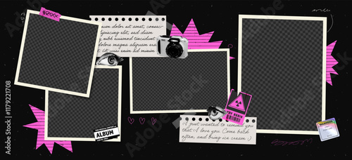 Frame photo collage with pink burst, attention mark, rock sticker and halftone camera elements.  Vintage vector template featuring paper note layout, scratches, tape and mockup on a wall background.