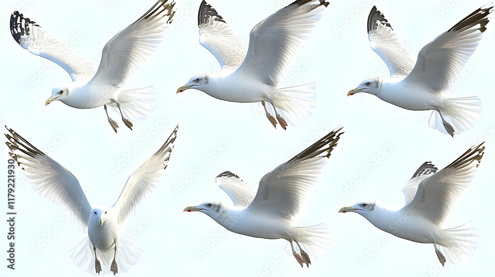 Obraz premium Six White Seagulls Soaring Gracefully Against a Clear Sky Background.