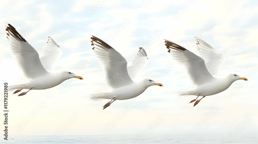 Three Seagulls Soar Gracefully Against a Soft Blue Sky Over Calm Water with Clouds Three Seagulls Soar Gracefully Against a Soft Blue Sky Over Calm Water with Clouds