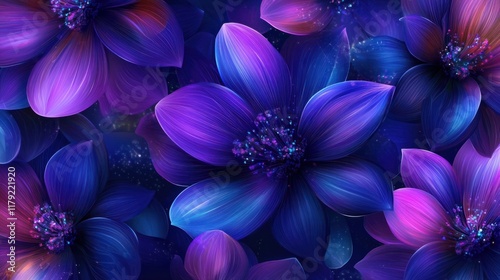 A vibrant seamless pattern featuring radiant purple and blue flowers with sparkling abstract details