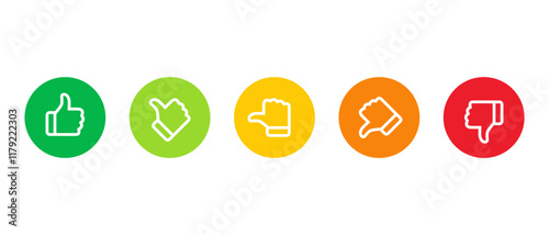 Excellent, good, average, poor, and bad thumb outline icon on circle background