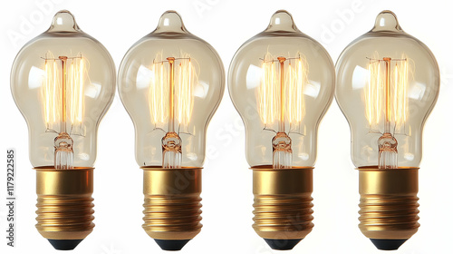 Four Lit Light Bulbs Showcase Glowing Filaments on a White Background. photo