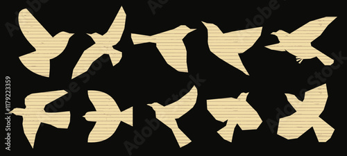 Vintage bird collage with paper cutout and naive texture. Childish vintage paper vector illustration featuring abstract swallow silhouette and folded wings.