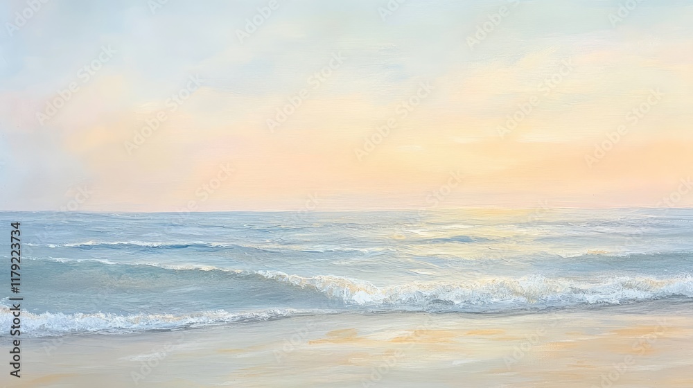 A serene ocean view with small waves and golden sand under a pastel-colored sky, creating a tranquil mood A serene ocean view with small waves and golden sand under a pastel-colored sky, creating a tranquil mood