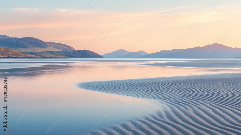 Obraz premium A serene seaside shot with soft ripples and a sandy beach, radiating warmth and tranquility under a pastel sky